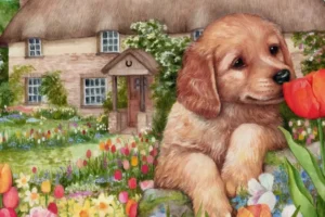 Puppy at Tulip Cottage Jigsaw Puzzle